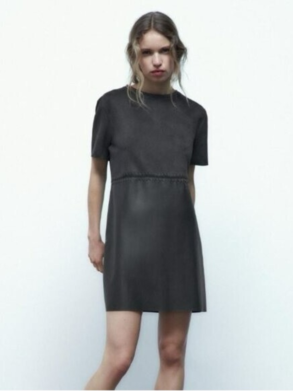 Zara Mini Suede & Faux Leather Dress in Charcoal Gray